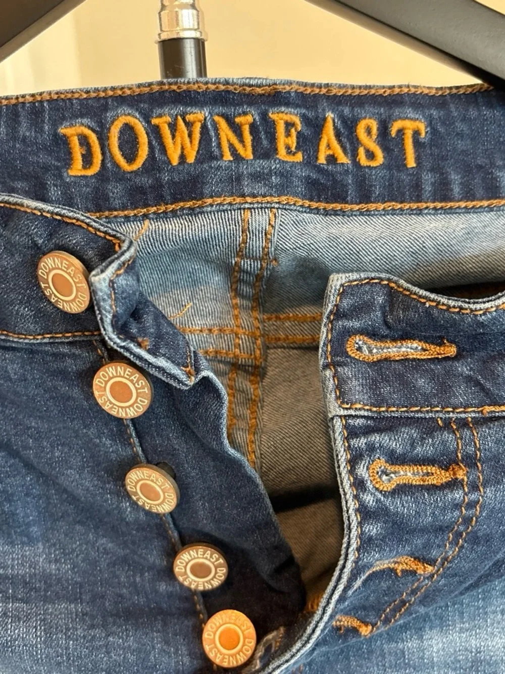 DownEast Size 10 Distressed Denim Bermuda Shorts Button Fly Stretch Jorts
